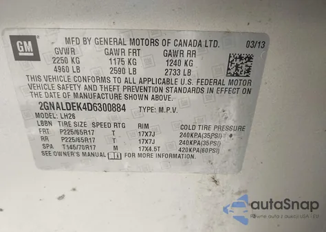 2013 Chevrolet Equinox 1Lt из США, поврежденный, VIN 2GNALDEK4D6300884